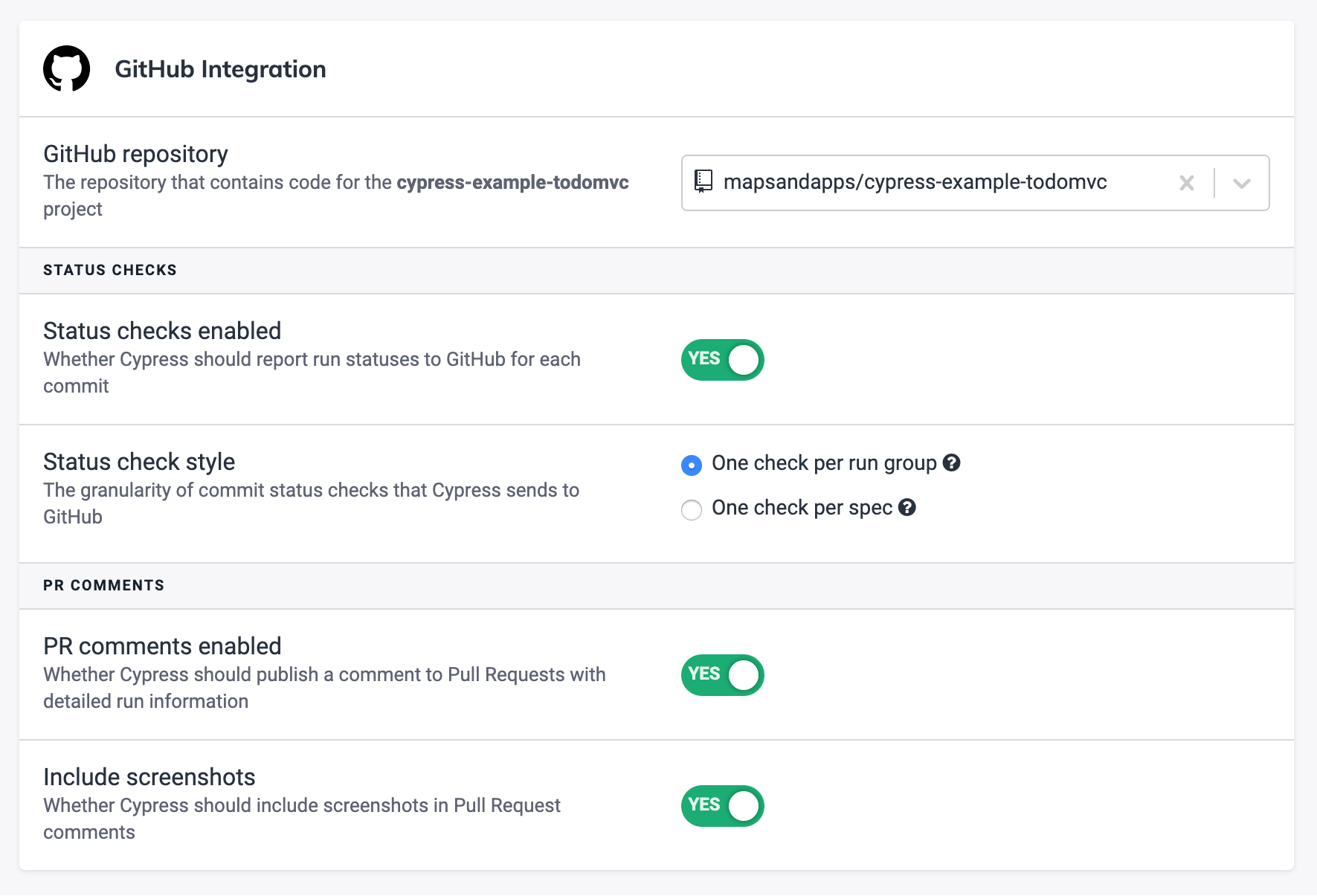 GitHub integration enabled for Cypress project